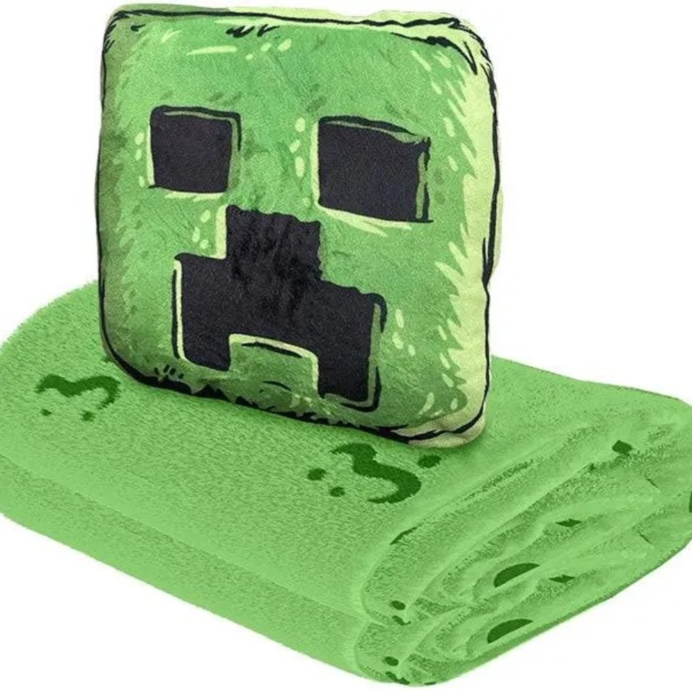 Minecraft Creeper Plush Pillow and Throw Blanket Set - Green